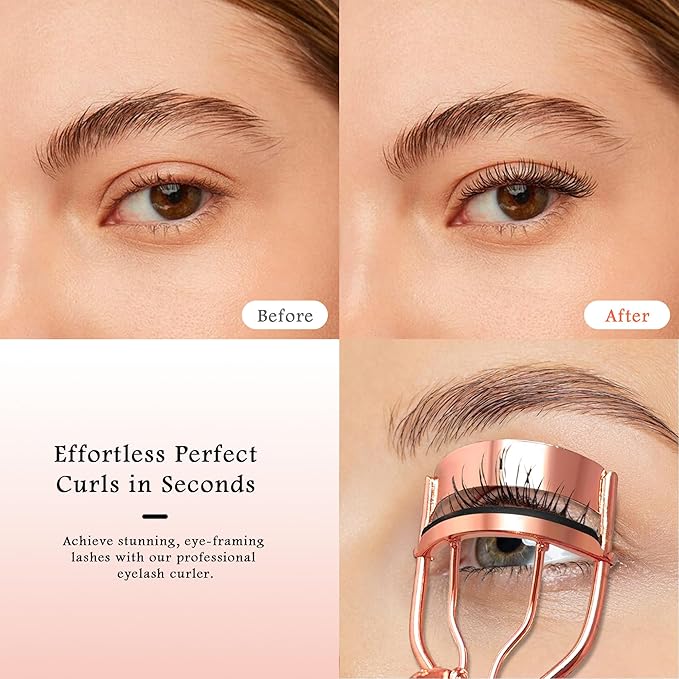 3-in-1 Professional Eyelash Curler Kit – Salon-Perfect Lashes at Home!Includes: Eyelash Curler (w/Replacement Pad), Eyebrow Tweezers & Curved Applicator Toolr – Travel-Friendly & Pain-Free (Rosegold)