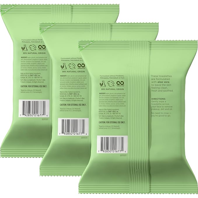 Burt's Bees Aloe Vera Face Wipes, for Sensitive Skin, Soothing Makeup Remover & Facial Cleansing Towelettes, 30 Ct. (18-Pack)