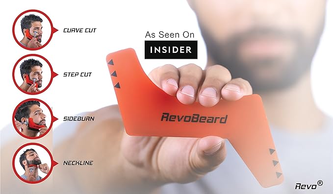 RevoBeard Beard Shaping/Styling & Edge up Tool - With Barber Lineup Pencil - Stencil/Guide for Trimming, Shaving, and Facial Hair Cutting - Use with Beard Trimmer & Razor - Men's Grooming Kit