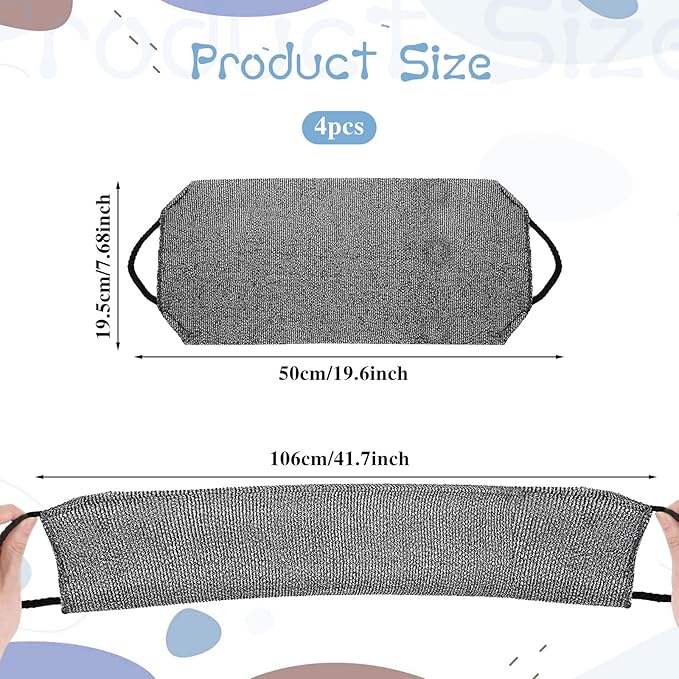 4pcs Exfoliating Back Washers Scrub with Handles Japanese Body Scrubber Cloth Towel for Shower Nylon Back Exfoliator Extended Backs Washers Stretchable Body Bath Pull Strap for Cleans Skin Massages