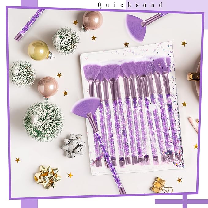 Nuenen 12 Pcs Soft Fan Facial Brushes Mask Acid Applicator Brush for Mud Cream Blush Makeup Peel Glycolic Multi Use Cosmetic Tools with Glitter Quicksand Handle and Pouch(Purple)