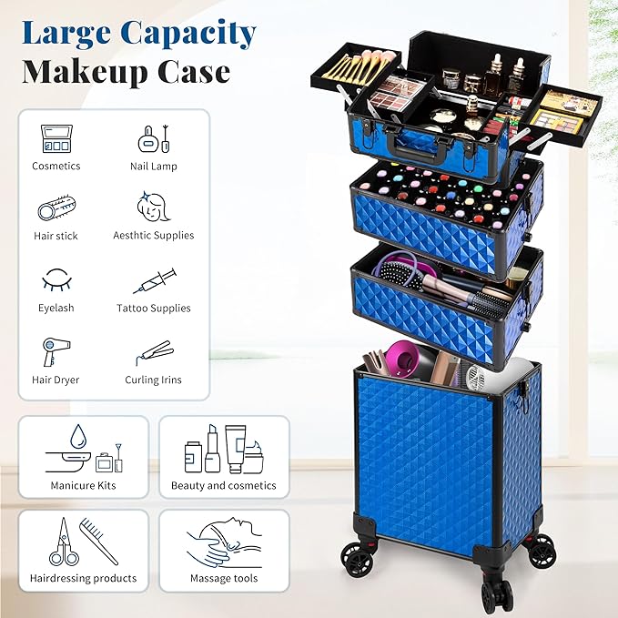 AROUS Rolling Makeup Train Case 4 in 1 Cosmetology Case on Wheels Large Storage Cosmetic Trolley with Key Salon Barber Traveling Cart Trunk, Blue