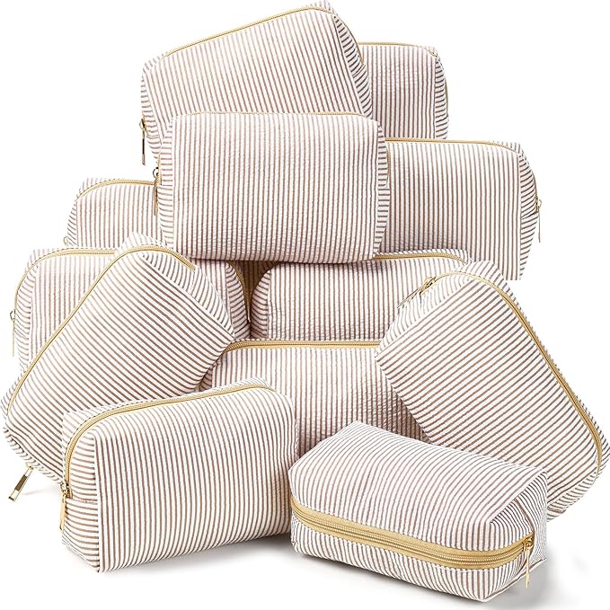 Sanwuta 12 Pcs Seersucker Cosmetic Bags Bulk Seersucker Makeup Bags Stripe Women Pouch Large Preppy Storage Pouch Toiletry Travel Organizer for Wedding Bridesmaid Bride Favor Mom Gift (Khaki)
