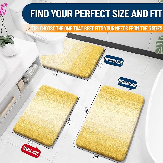OLANLY Bathroom Rug Set 2 Piece, Soft Absorbent Microfiber Bath Mats and U-Shaped Contour Toilet Rug, Non-Slip, Machine Wash Dry, Plush Shaggy Bath Mats for Bathroom (24"x16"+24"x20", Yellow)