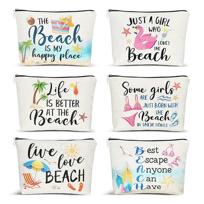 CHENGU 6 Pcs Beach Makeup Bag Summer Beach Essentials Kit Survival Kit Bag Inspirational Gifts for Women, Various Themes Makeup Pouches for Women Birthday Friend Teacher Graduation