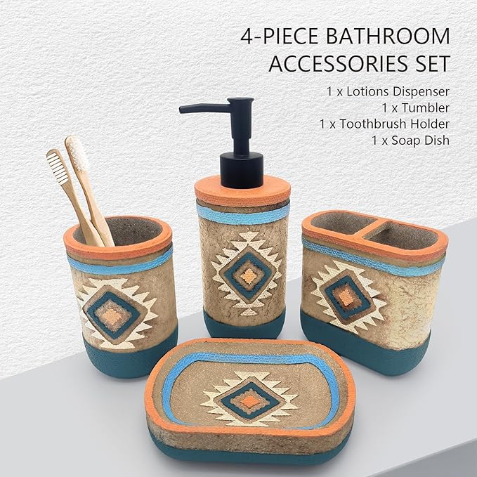 Bathroom Accessory Sets 4PCS Bathroom Accessories Set Complete Tribal Home Decor Southwest Pattern Shape Includes Lotion Dispenser Toothbrush Holder Tumbler Cup & Soal Dish