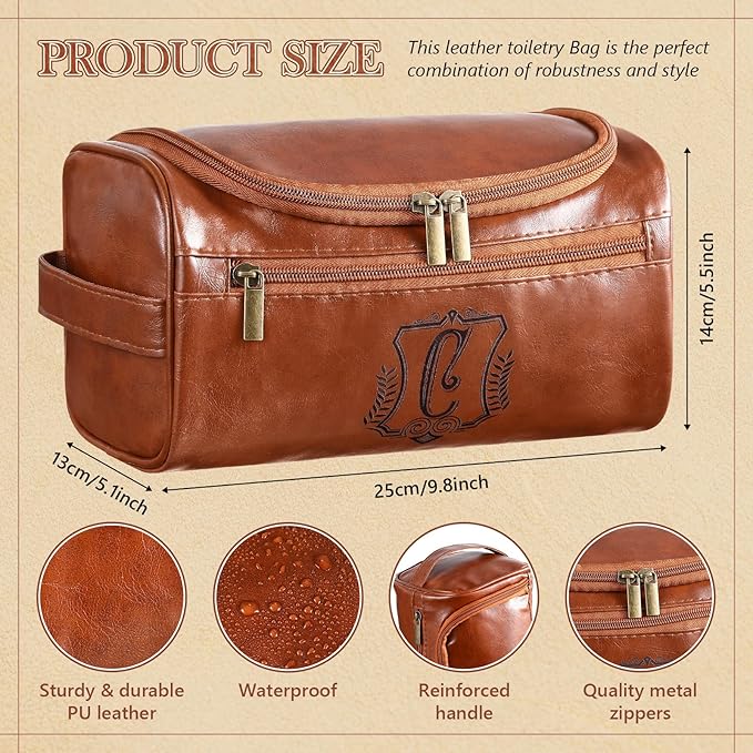 Sadnyy Personalized Leather Toiletry Bag for Men Initial Travel Bag with Hook Monogrammed Toiletry Pouch Leather Travel Bathroom Kit with Side Handle for Him Dad Husband Anniversary Birthday Gifts(C)