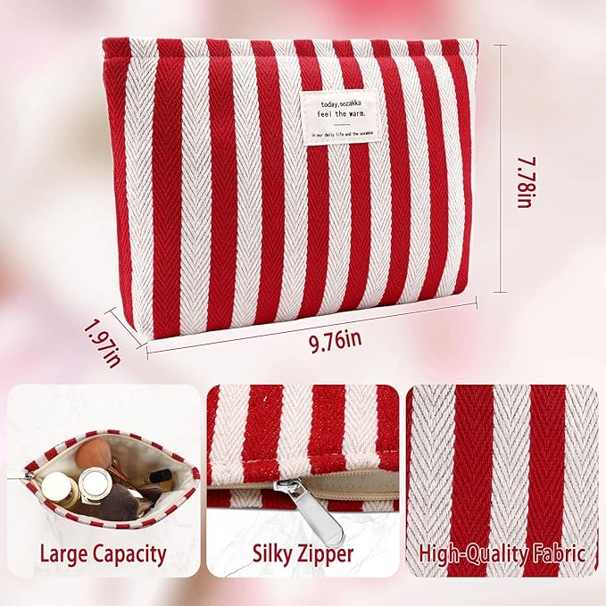 ZLFSRQ Striped Makeup Bag Large Canvas Travel Makeup Bag for Women Cosmetic Pouch Cute Red Striped Make Up Pouch for Purse Y2k Aesthetic Trendy Zippered Toiletry Bags Gift Skincare Storage Organizer