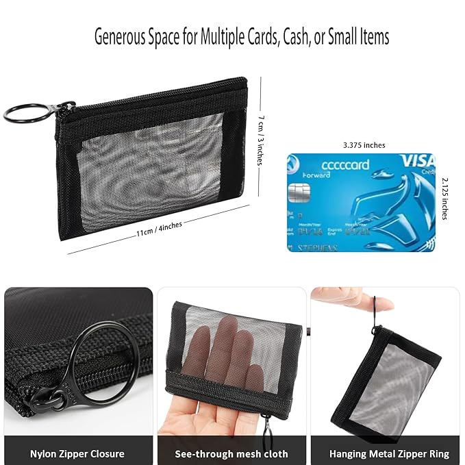 Patu Mini Zipper Mesh Bags, 3" x 4", Size XS / A8, 5 Pieces, Keychain Pouch Key Holder, Coin Purse, Clear Travel Kit Small Item Cosmetic Organizer, Assorted Colors