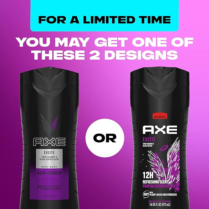 AXE Body Wash 12h Refreshing Scent Excite Crisp Coconut & Black Pepper Men's Body Wash with 100% Plant-Based Moisturizers 16 oz,(Pack of 8)