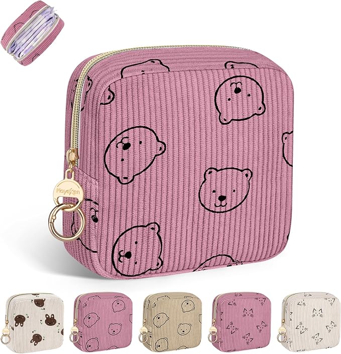 Period Bag for Teen Girls, Corduroy Sanitary Napkin Storage Bag, Menstrual Pad Pouches Tampon Holder for Purse (Bears-Pink)