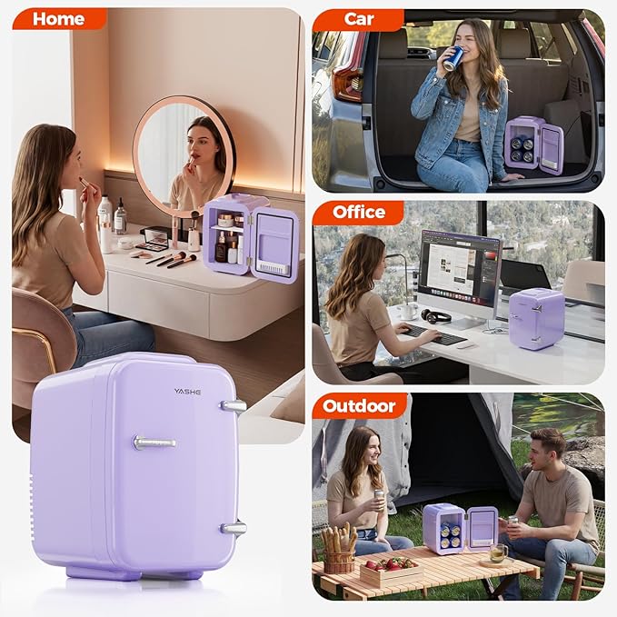Mini Fridge, 4 Liter/6 Can Mini Makeup Fridge, 110V AC/ 12V DC Portable Thermoelectric Cooler&Warmer for Skincare, Drink, Cosmetic, Medicine, Small fridge for Bedroom, Office, Dorm, Car, Purple