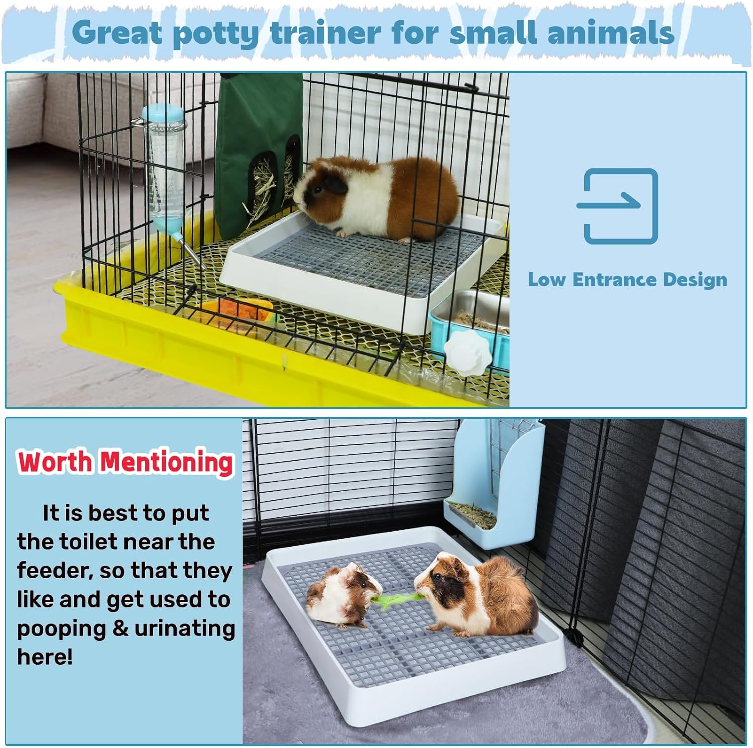 FHTONGE Guinea Pig Litter Box for Cage, Guinea Pigs Litter Pan with Grid, Rectangular Small Amimal Potty Trainer Tray Pet Toilet for Rat Chipmunk Chinchilla Hedgehog Hamster Ferret Rabbit