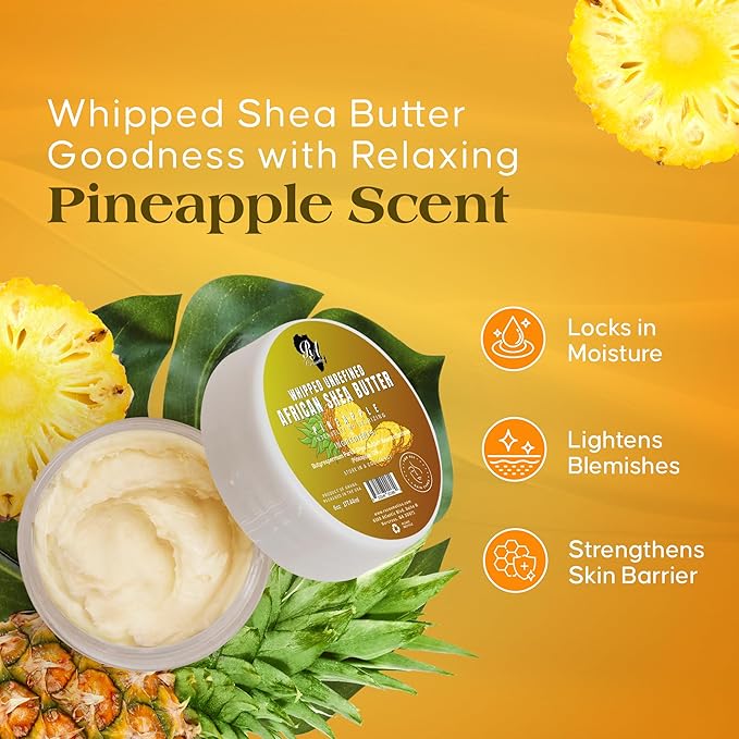 RA COSMETICS Whipped Shea Butter Pineapple - 6oz | 100% Pure & Natural African Shea Butter for Men & Women - Ultimate Handcrafted Moisturizer with Essential Vitamins for Radiant Skin (Pack of 2)