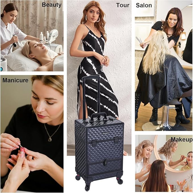 TOPACK Rolling Makeup Train Case,360°Rotaing Wheel Aluminum Cosmetic Case with Trolley 4-Tray for Tattoo/Barber/Nail Tech Travel Cart Organizer 13.1 * 9.8 * 18.3in BLACK (BLACK)