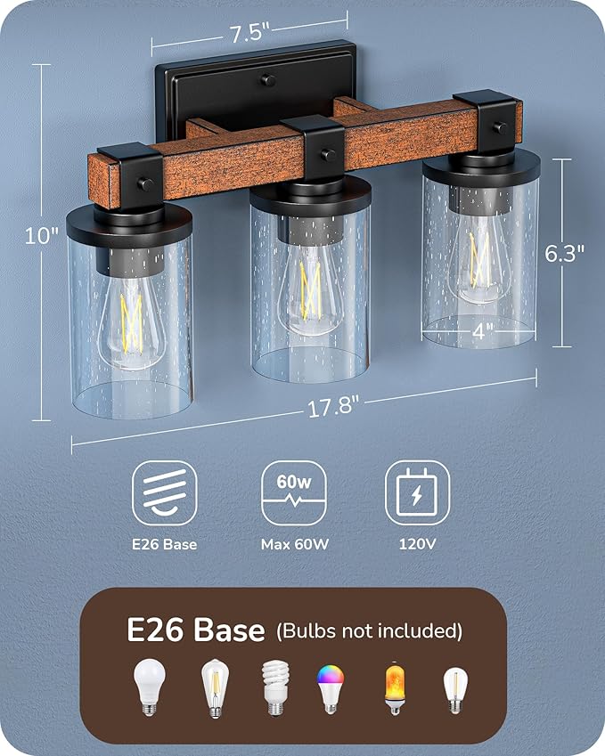 EDISHINE Farmhouse Vanity Lights for Bathroom, 3-Light Bathroom Vanity Light Fixtures Over Mirror, Painted Wood Vintage Bath Wall Sconces Lamp with Bubble Glass Shade for Bedroom, Powder Room