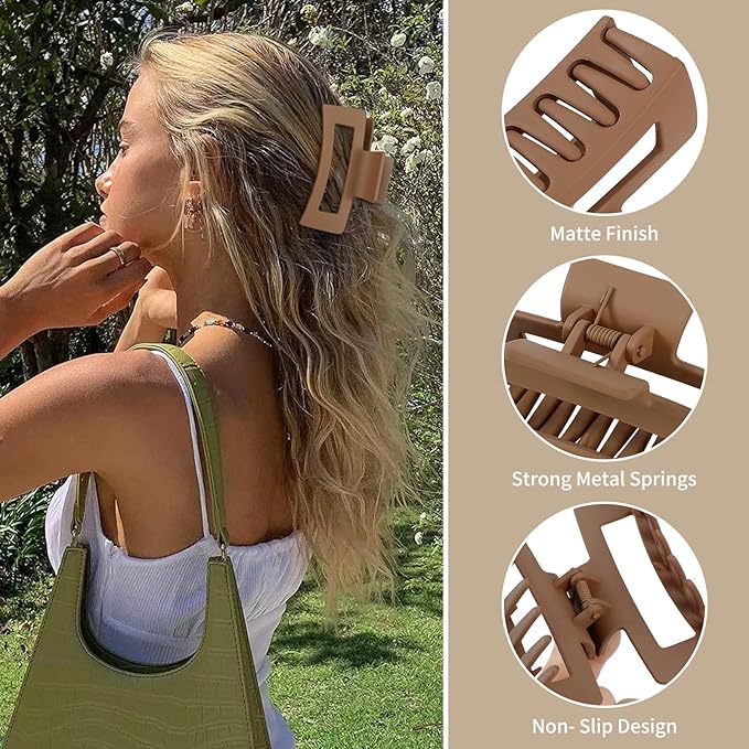 3.5 Inch Medium Hair Claw Clips 6 Pack Hair Clips for Women Square Rectangle Claw for Hair Banana Jaw Clips Hair Accessories for Girls -Coffee Brown