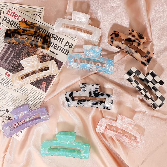 Magicsky 10 Pcs Hair Claw Clips for Women, Opal Marble Tortoise Acrylic Large Clip for Thick Thin Hair, 90's Cute Butterfly Barrettes Pins, Aesthetic Styling Accessories for Girls-Rectangle