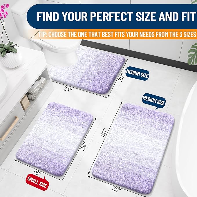 OLANLY Bathroom Rug Set 2 Piece, Soft Absorbent Microfiber Bath Rug Set, Non-Slip, Machine Wash Dry, Plush Shaggy Bath Mats for Bathroom (30"x20"+24"x16", Light Purple)