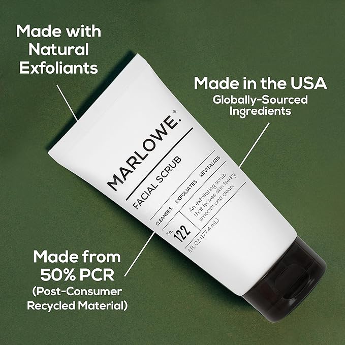 MARLOWE. No. 122 Facial Scrub for Men, 6 oz, Gentle Face Exfoliator with Apricot Seed Powder & Pumice, Cleanses & Smooths, Fresh Pine & Agarwood Scent