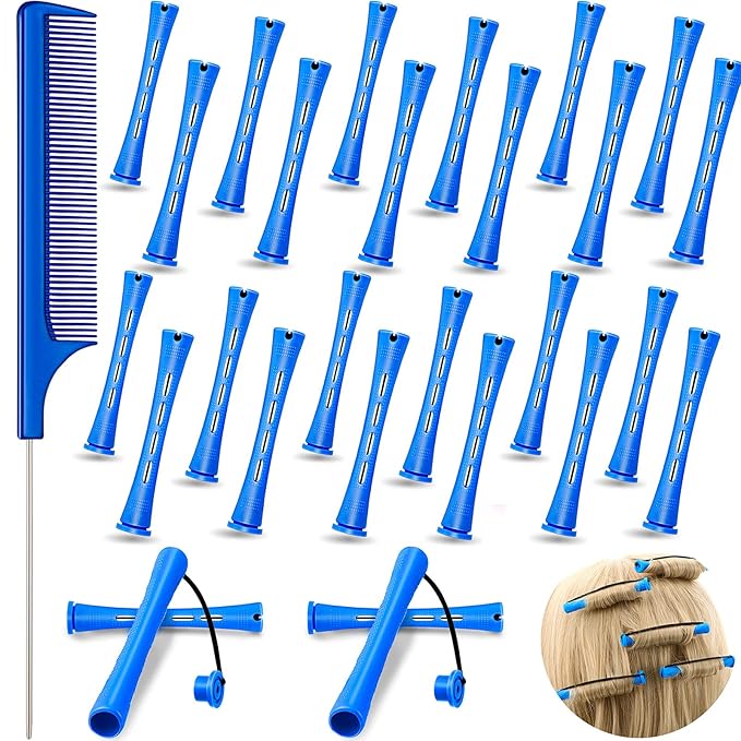 Chuangdi 24 Pcs Hair Perm Rods Plastic Cold Wave Perming Curlers Hair Rollers with Steel Pintail Comb Rat Tail Comb Tools for Hairdressing Styling(Blue,0.35 Inches)