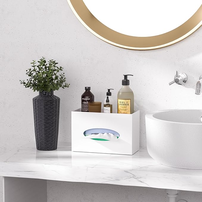 White Acrylic Tissue Box Cover Rectangular,Acrylic Tissue Dispenser with Storage Tray for Bathroom Kitchen Home Office(White, 9.85x4.5x6.3)