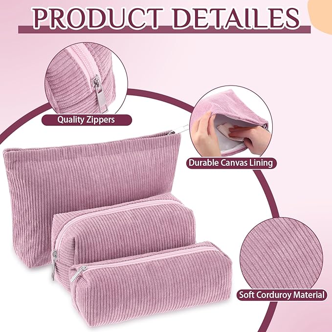 3 Pcs Makeup Bag Set for Women Corduroy Cosmetic Pouch Aesthetic Smile Travel Toiletry Bag Cute Purse Pouch Pencil Case Makeup Brushes Storage Organizer with Zipper(Rose Pink,Solid Style)