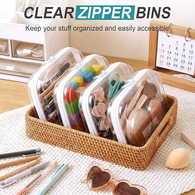 Hoolerry 4 Pcs Hard Clear Zipper Case Makeup Bags Plastic Zipper Pouch Transparent Storage Box Containers for Cosmetics, Snacks, Building Blocks, Puzzles(Clear,7.9 x 5.9 x 2 in,White)