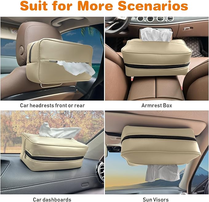 Large Car Tissue Holder for 120 Standard Tissues, Premium PU Leather Tissue Holder in Car Backseat Rectangular, Napkin Holder for Car Fits for Kleenex Tissues Box Daily Use Black (2, Beige)