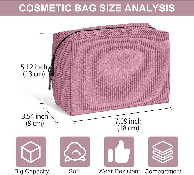 MAANGE Cosmetic Bags for Women Small Makeup Bag for Purse Corduroy Makeup Pouch Travel Makeup Bag with Metal Zipper Make Up Bag for Travelling(PINK)