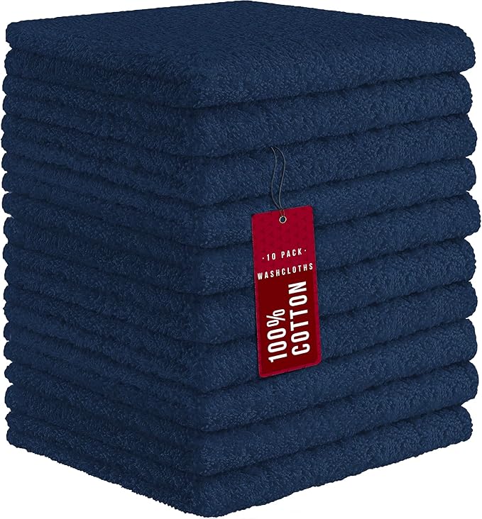 DecorRack 10 Pack 100% Cotton Wash Cloth, Luxurious Soft, 12 x 12 inch Ultra Absorbent, Machine Washable Washcloths, Navy (10 Pack)