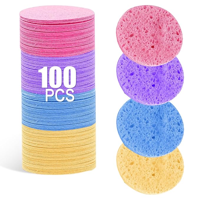 100-Count Facial Sponges - Natural Cellulose, Round Shape - Face Cleansing, Exfoliating, Makeup Removal - Blue, Yellow, Purple, Pink
