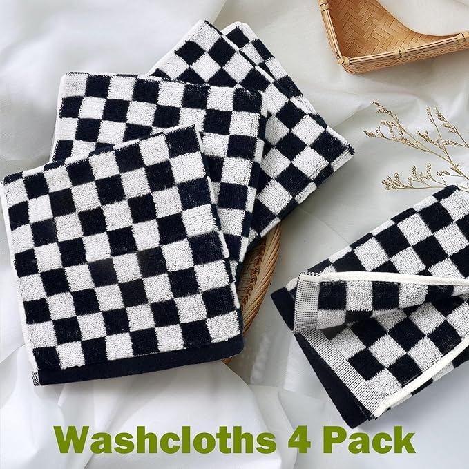 Jacquotha Wash Cloths Checkered 4 Pack (Black and White) - Cotton Washcloths for Face Body, 13 x 13 Inches Daily Cleansing Kitchen Towels