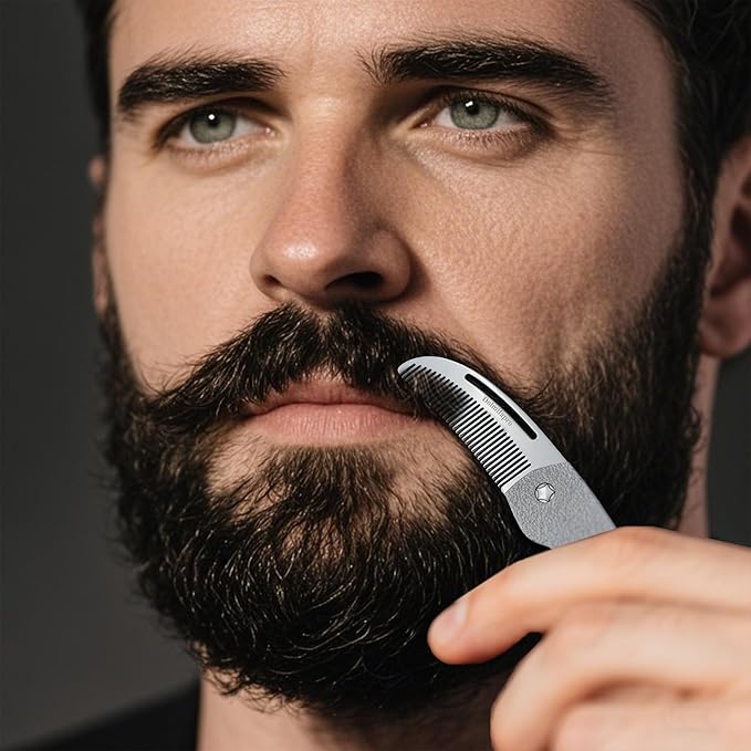 Small Folding Mustache Comb, Metal Beard Comb for men Pocket Mini Portable Fits In Keychain Anti-Static (Hammer Pattern)