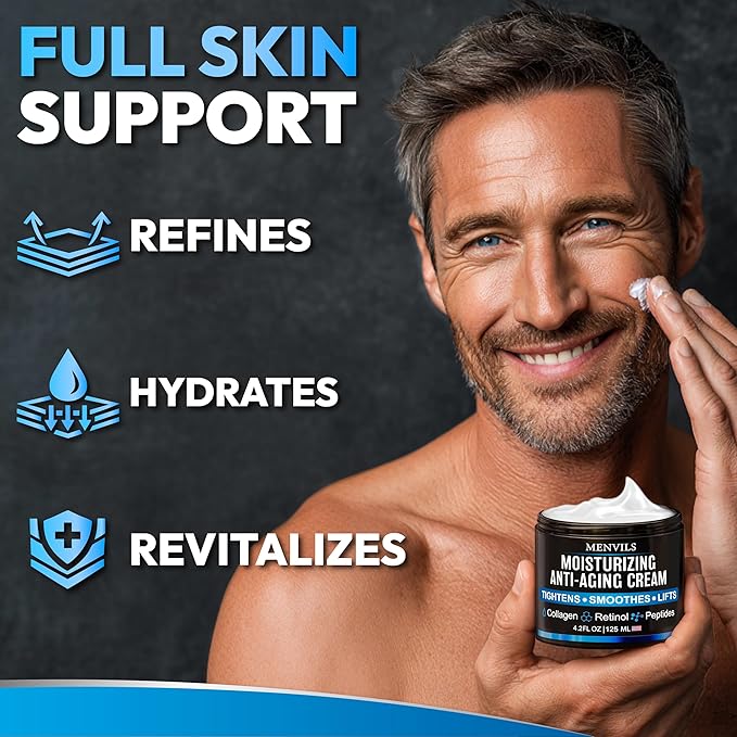 Mens Face Moisturizer Cream - Anti Aging & Wrinkle Repair - After Shave Lotion for Men with Collagen, Retinol, Peptides, Jojoba Oil - Age Facial Skin Care - Lightweight Day & Night Cream - 4.2 OZ