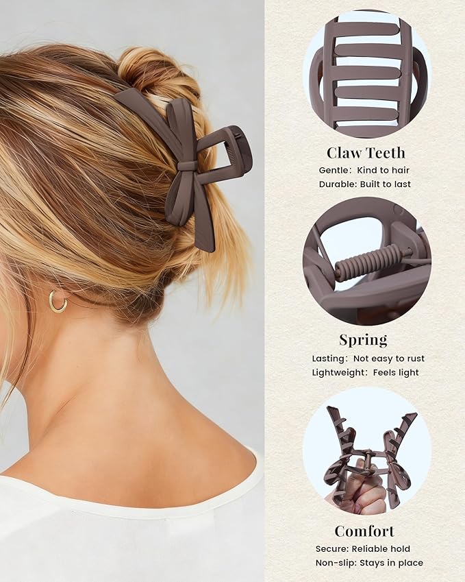 Mesovor 4 Pack Cute Bow Claw Clips, Nonslip 4.92" Large Matte Strong Hold Bows Hair Clips for Thin and Thick Hair | Chic Hairclips for Holidays or Everyday Hairstyle (Neutral Matte)