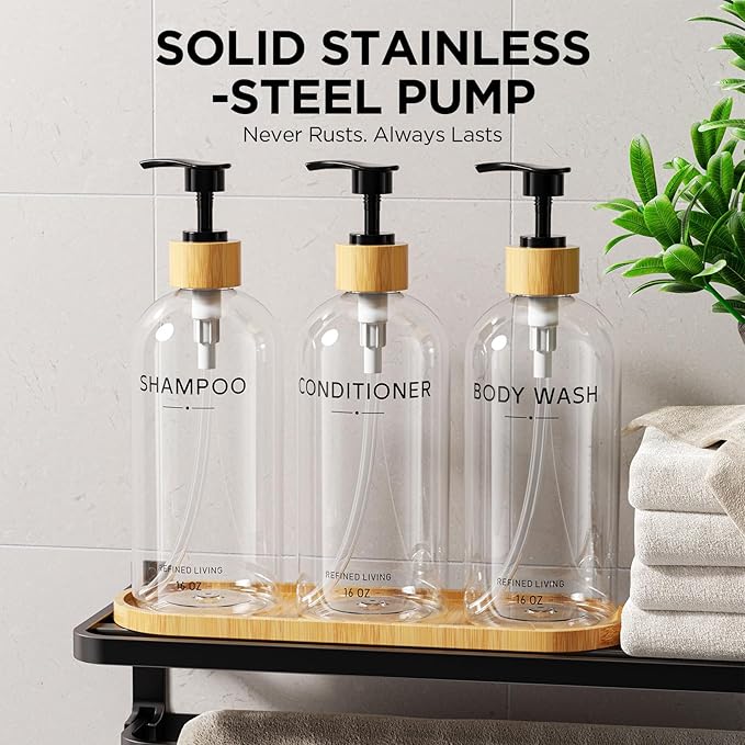 Shampoo and Conditioner Dispenser Set,Shower Soap Dispenser for Bathroom,Refillable Shampoo and Conditioner Bottles with Bamboo Pump and Tray,Soap Dispenser Bathroom for Shower (Transparent, 3-Pack)