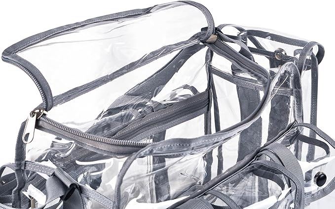 Wide Mouth Large Professional Clear PVC Travel Makeup Artist Set Bag Cosmetic Nails Beauty Bags Transparent Vinyl Tool Organizer Work Bag Beach Bags Diaper Bag with 6 External Pockets & Strap (Grey)