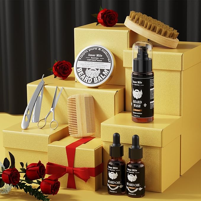 Isner Mile Beard Grooming Kit for Men Care: with Beard Wash - Oil - Balm - Brush - Comb & Straight Razor, Mens Birthday Christmas Stocking Stuffers Valentines Day Gifts for Him Boyfriend Dad Husband