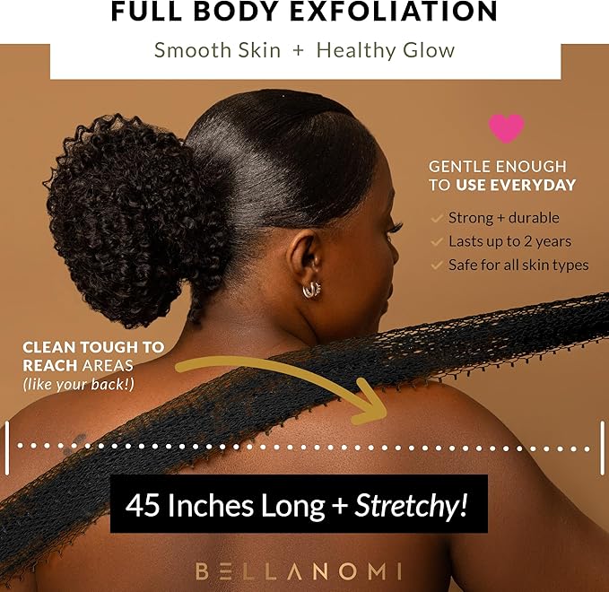 BELLANOMI African Exfoliating Net Sponge, Authentic, Ethically sourced from Nigeria, 45 inches Long, Back Scrubber for Daily use (Black)