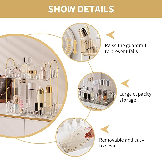 2 Tier Bathroom Organizer Countertop Makeup Perfume Tray Skincare Organizer for Bathroom Dresser Vanity (White)