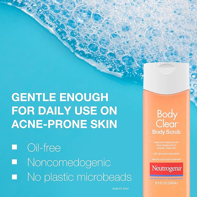 Neutrogena Body Clear Acne Body Wash and Exfoliating Body Scrub, 2% Salicylic Acid Cleanser, Chest, Shoulder & Back Acne Treatment, Non-Comedogenic, Oil-Free Shower Gel, 8.5 fl oz