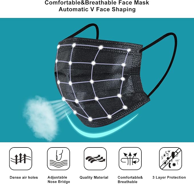 akgk 50Pcs Disposable Face Masks, 3 Ply Disposable Masks, Black Face Mask