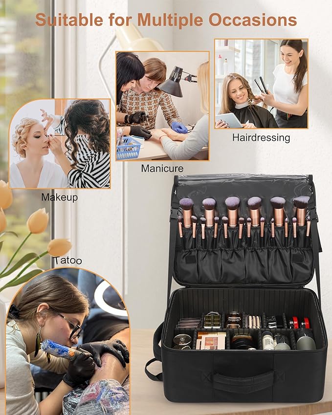 Relavel Makeup Backpack with Makeup Brush Case, Extra Large Travel Train Case Professional Artist Kit Set Bag with 4 Clear Bags, Brush Storage Organizer Box for Cosmetic Hair Tools, Black