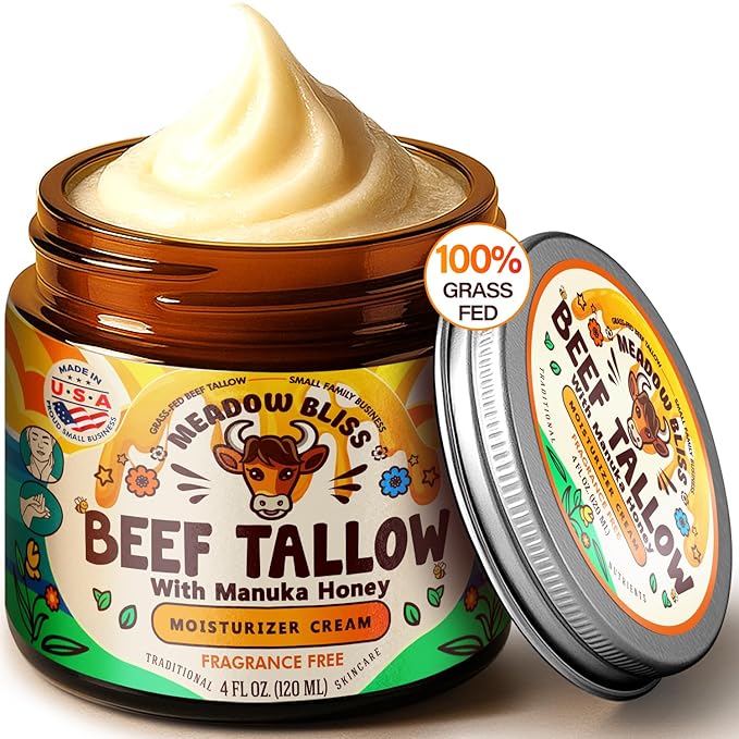 Beef Tallow for Skin - Moisturizer Cream - 100% Grass Fed - Whipped Beef Tallow - Manuka Honey - Organic Jojoba Oil, Shea Butter - Supports Eczema, Rosacea - USA - Fragrence Free - 4 oz