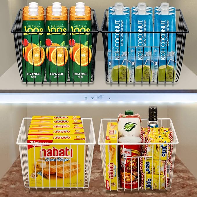 SANNO Freezer Wire Storage Organizer Basket, Refrigerator Storage Baskets Bins Organizer with Built-in Handles for Cabinets, Pantry, Closets, Bedrooms 4 Pack 11"x10"x 7" White