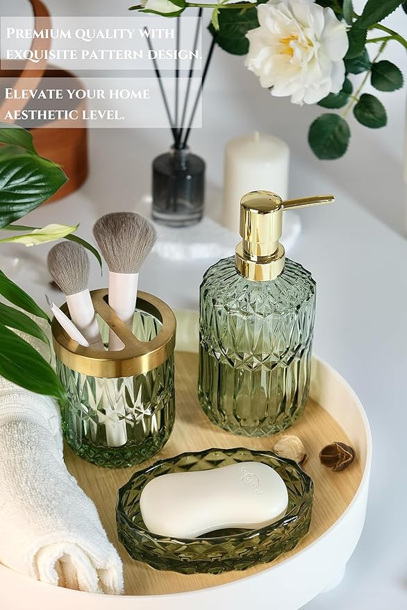 4pcs Glass Bathroom Accessories Set, Clear Green Bathroom Soap Dispenser Set, Toothbrush Holder, Soap Dish, Soap Dispenser, Qtips Holder Set for Crystal Vintage Bath Decor (Green)