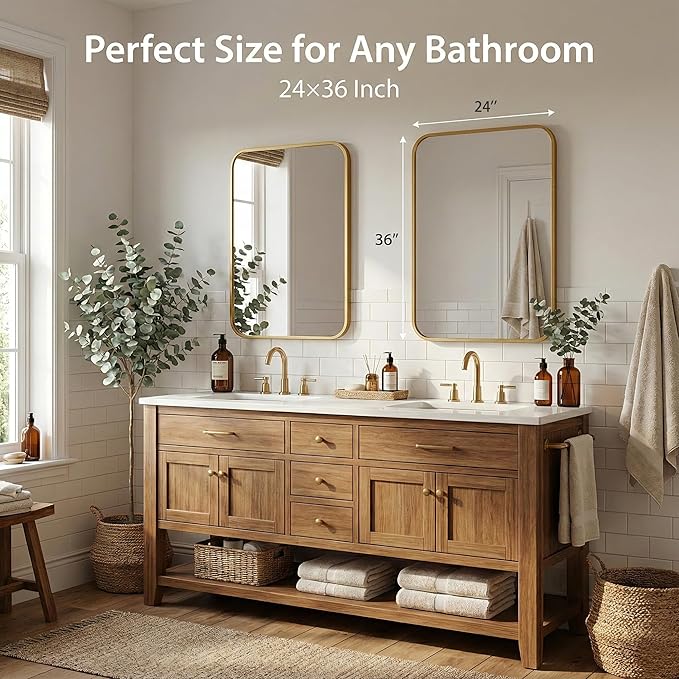 2-Pack 24x36 Inch Matte Gold Bathroom Vanity Mirrors | Flush Mount Deep Set Metal Wall Mirror for Over Sink | HD Shatterproof Glass, Rustproof