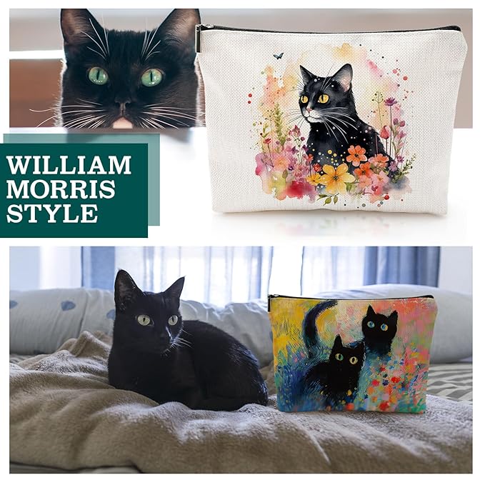 CHENGU 6 Pcs Cat Makeup Bag Black Cat Lover Gifts Cat Cosmetic Bags Funny Cool Black Cat Canvas Toiletry Bags with Zipper Portable Cat Mom Gifts Cat Owners Birthday Gifts For Teen Girls Women