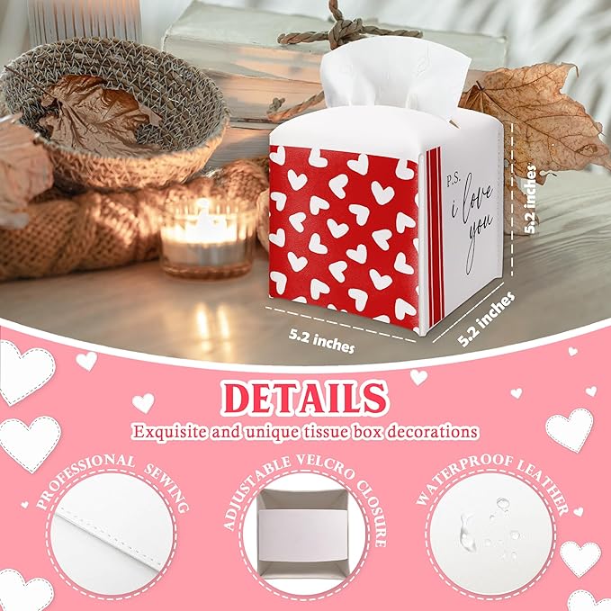Red Heart Design Tissue Box Cover - I Love You PU Leather Waterproof Tissue Holder - Valentine's Day Facial Paper Organizer for Home Bathroom Office -Desk Valentines Day Decorative Dispenser Box-B08